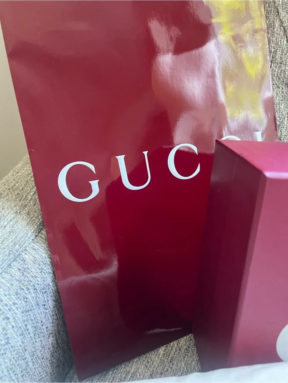 Gucci burgundy gift box, ribbon, bag and linen shoe cover set .